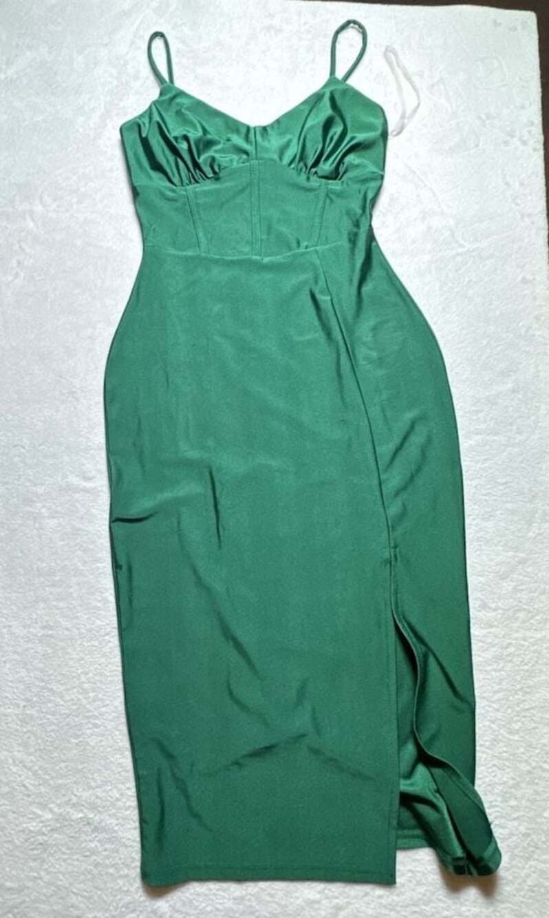 E.L.H. Studio Emerald Green Corset Style Midi Dress with Leg Slit